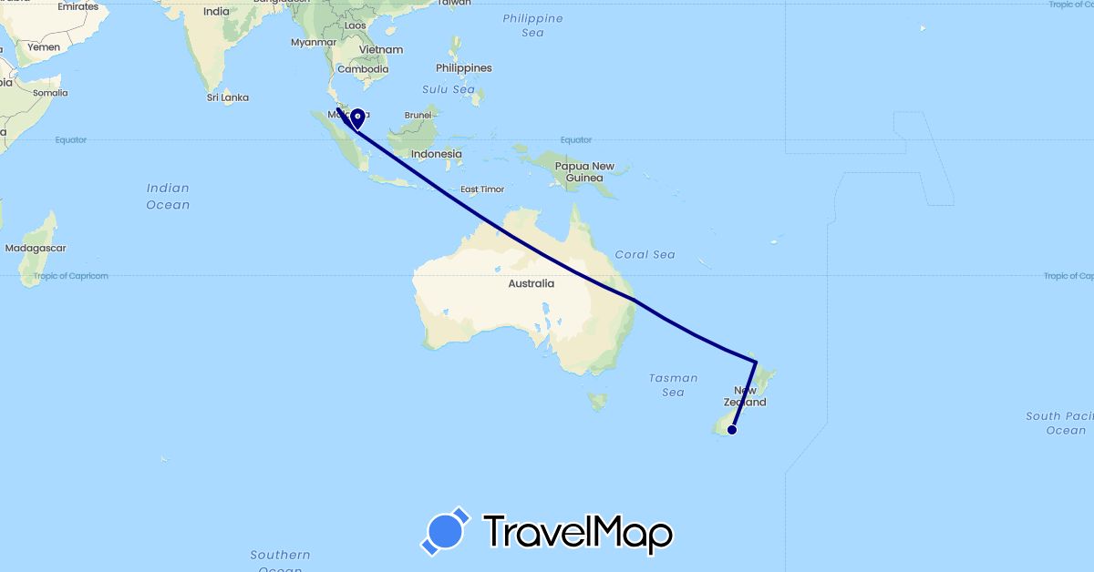 TravelMap itinerary: driving in Australia, Malaysia, New Zealand, Singapore (Asia, Oceania)